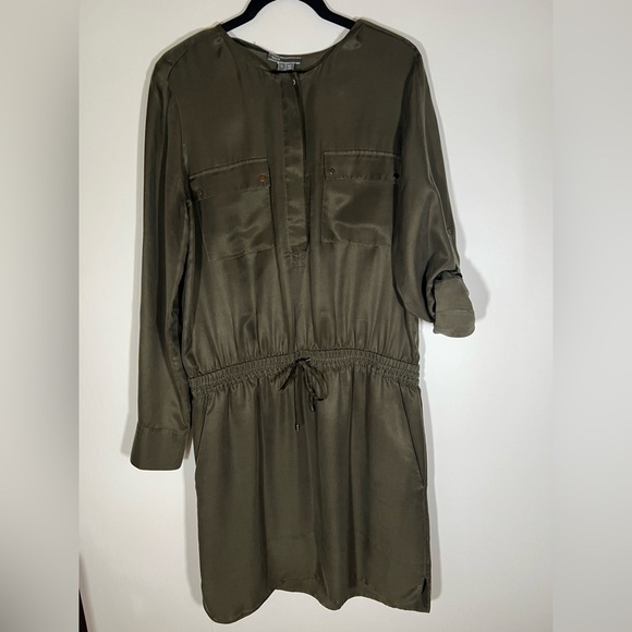 VINCE army green tab sleeve elastic waist silky shirt tunic dress szL officecore - Picture 4 of 10